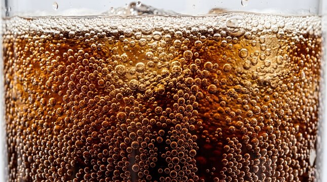 Refreshing cola soda with bubbles in glass, fizzy brown carbonated drink texture, cold beverage with ice and foam