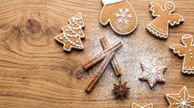 Christmas gingerbread cookies assortment shaped like tree star angel mitten with cinnamon sticks and powdered sugar.