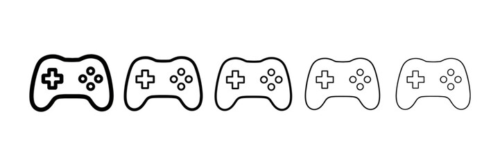 A set of five video game controllers with varying stroke weights from thick to thin line art © sohidvectpro
