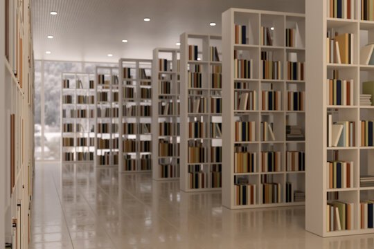 Modern Library Interior with Rows of White Bookshelves and Books