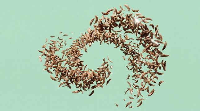 Dynamic swirling spiral of flying cumin seeds on green background