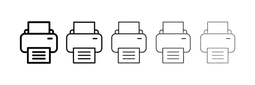 Set of five printer icons with varying line weights showing a document printing process in flat style