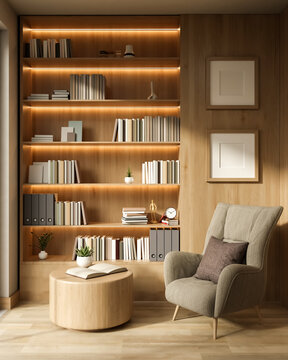 Modern Warm Reading Nook with Illuminated Bookshelf and Armchair