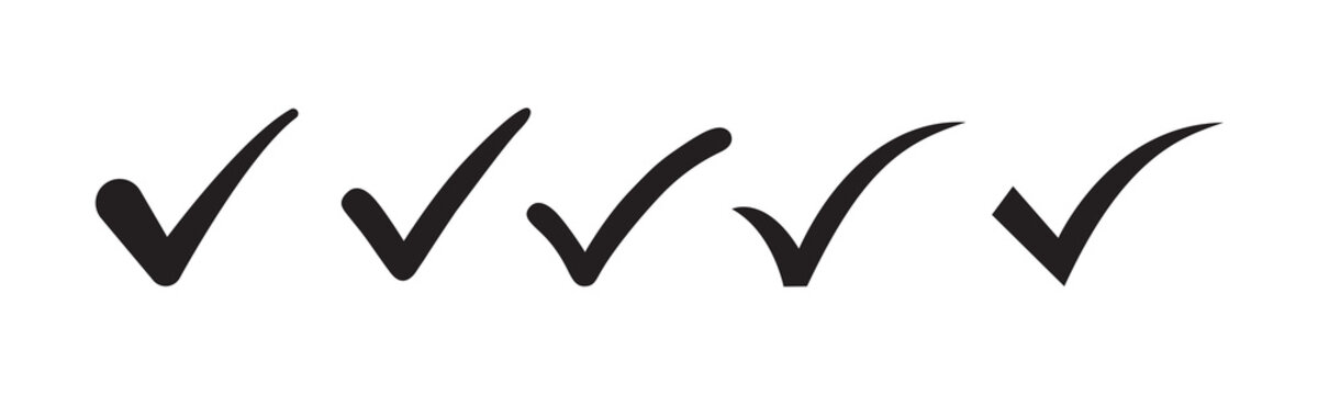Five black checkmark silhouettes against a white background, check mark icon. correct tick mark