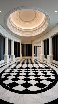 Grand neoclassical rotunda with black-and-white checkerboard marble floor, towering columns, recessed domed ceiling and elegant moldings.