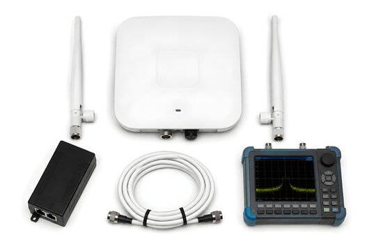 Wireless Networking Essentials with Access Point, Antennas, PoE Injector, Coaxial Cable, and Spectrum Analyzer Equipment
