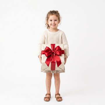 Smiling young girl holding a large gift box with a red bow