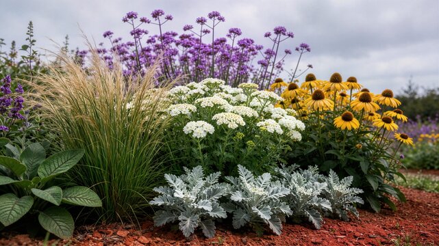 Colorful mixed perennial border with purple verbena, feathery ornamental grasses, white yarrow clusters, yellow coneflowers and silvery dusty miller over red mulch.