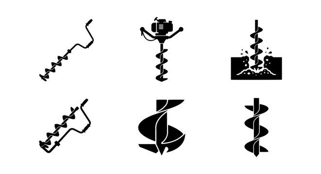 Auger Drill Bits, Ice Augers, Earth Augers, Spiral Screw Tools, Vector Icons