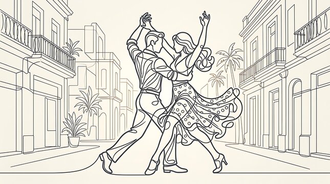Romantic couple dancing on a tropical city street line art