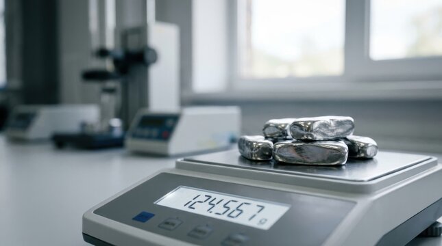 Close-up of shiny metallic bars being weighed on an electronic scale in a bright laboratory setting with scientific instruments in background