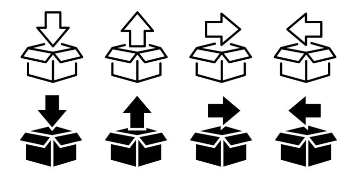Box with arrow box left, right, up, down icon set, button, web, label, logo, badge, sign, symbol, banner, sticker, stamp, button, line, black, flat vector, isolated illustration.