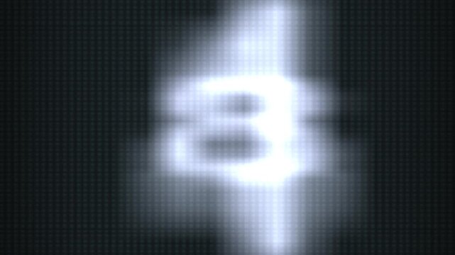 A bright, glowing white number five is displayed with a soft focus effect against a dark, pixelated matrix grid background. The lighting creates a retro-futuristic, technological, and digital display 