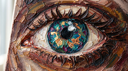 Obraz premium Close up of abstract painting of human eye with vibrant colors and textured strokes, eye art.