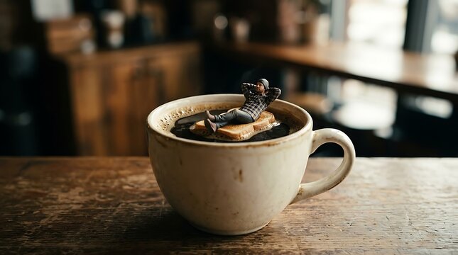 Miniature man relaxing on toast floating in a cup of coffee