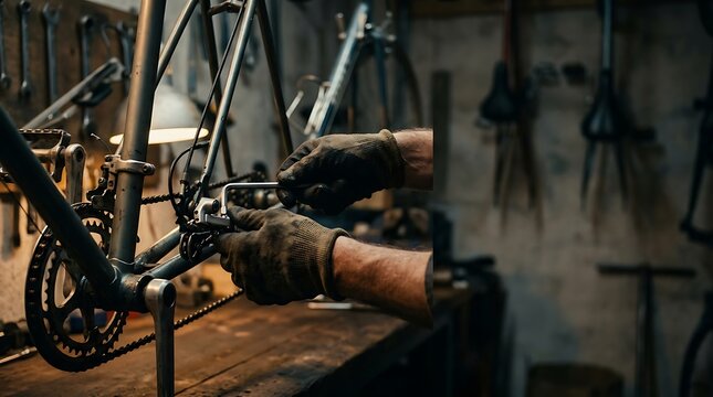 Mechanic repairing a bicycle derailleur in a workshop