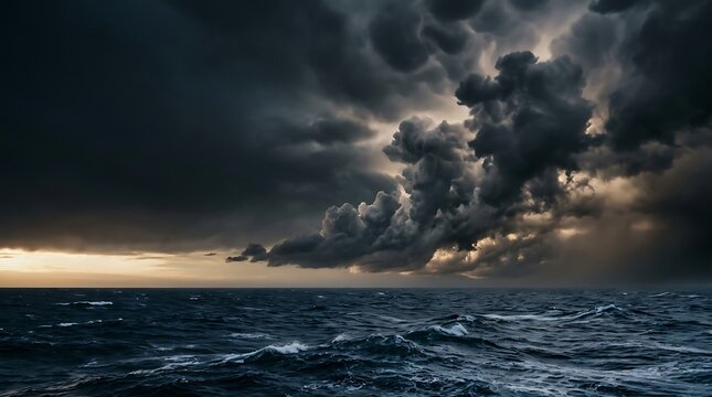 Dramatic storm clouds over a turbulent dark ocean at sunset