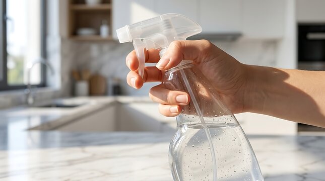 Close-up of a hand holding a clear plastic spray bottle for cleaning surfaces in a modern kitchen