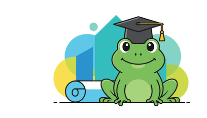 Obraz premium Cute green frog wearing a black graduation cap sitting happily next to architectural blueprints and city buildings.
