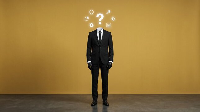 Man in a suit with icons replacing his head studio setting