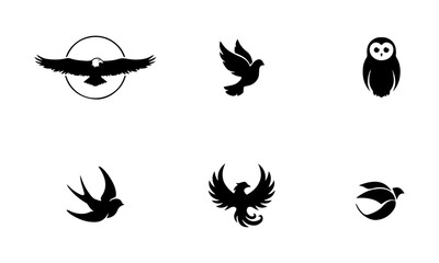 Naklejka premium Diverse Bird Species Silhouette Set - Eagle, Dove, Owl, Phoenix and Swallow Icons.