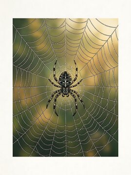 Orb weaver spider waiting on a dewy web in a garden