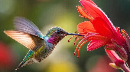 Naklejka premium Hummingbird Nectar Feeding from Vibrant Red Flower Macro Shot