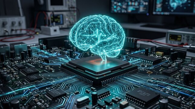 Wireframe brain rests on a computer processor illuminated with blue light