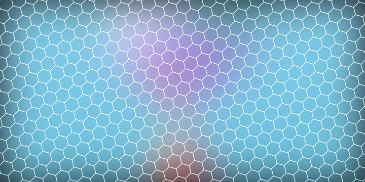 Abstract blue and purple gradient background with white hexagon pattern.