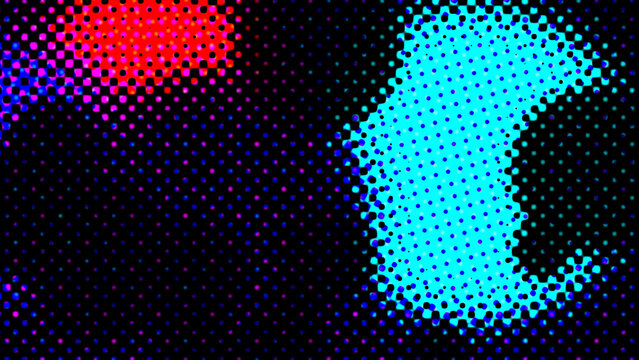 Abstract halftone dot pattern background with bright cyan shape and red spot on dark backdrop, vintage pop art screen print texture