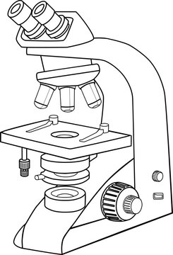 Binocular optical compound microscope line art illustration. Science laboratory equipment outline graphic for microbiology, medical research, biology lesson, and educational textbook design.