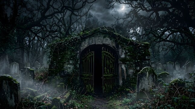 An eerie and captivating halloween scene depicts a gothic stone archway bathed in moonlight hinting at mysteries and spooky adventures awaiting those who dare