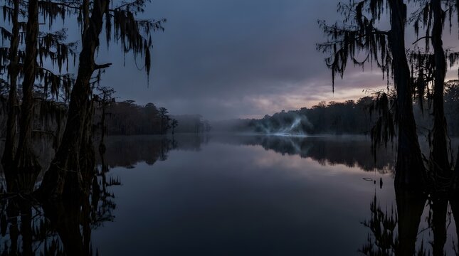 A hauntingly beautiful and atmospheric landscape depicts a dark misty swamp scene with spanish moss creating an eerie mysterious and somewhat ominous vibe perfect