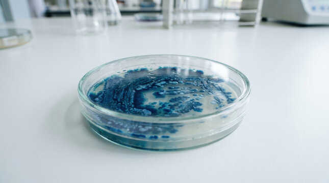 Microbiome research petri dish blue colony agar sample in sterile laboratory for biotechnology analysis and culture study