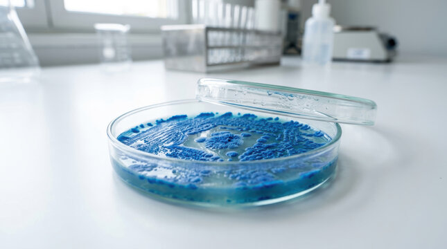 Microbiome research petri dish blue culture agar laboratory science sample sterile plate analysis showing bacterial growth on clean bench