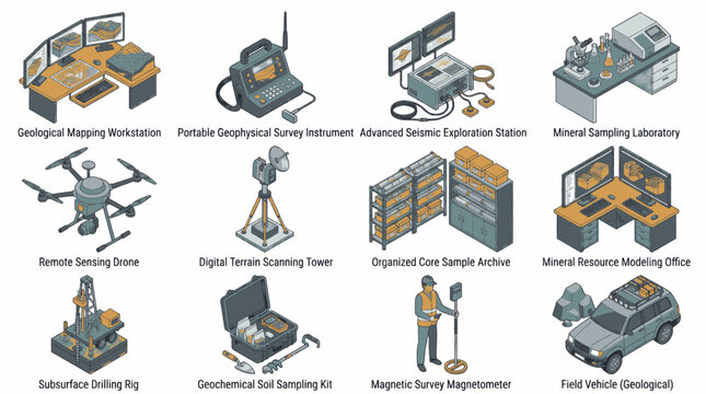 Collection of geological survey and exploration equipment for earth science research and resource management.
