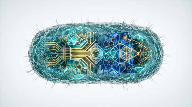 Microbiome research bacteria cell circuit digital science abstract blue concept showing biotechnology data network inside microscopic organism