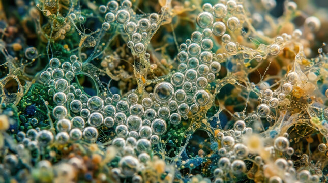 Microbiome research bubble algae macro abstract underwater biology texture aquatic organism visible across green marine habitat