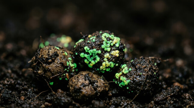 Soil fungus spore microbiome research macro green decomposition on organic matter in dark earth showing natural decay process