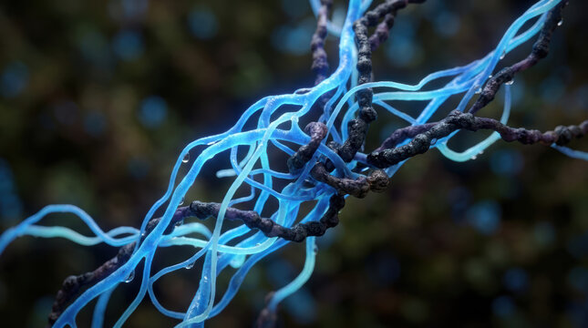 Microbiome research blue filament branch abstract nature closeup showing tangled fiber form in forest with scientific ecology theme