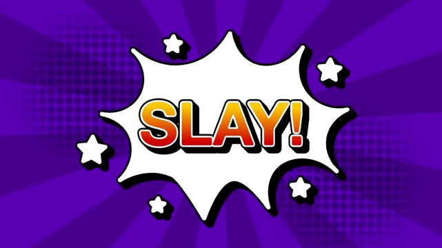 Slay text word lettering popup comic cartoon reveal with bomb and smoke explosion manga anime book page dots with radial speed lines doodle violet background with seamless loop animation retro