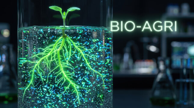 Microbiome research plant root glowing seedling bio agriculture shows lab study of soil organism network for sustainable crop growth