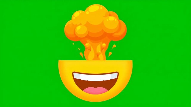 Exploding Emoji Brain with Bright Orange Smoke Cloud on Green Screen Background, Symbolizing Idea or Surprise