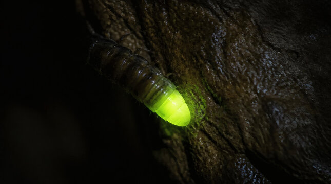 Macro View of a Bioluminescent Glow Worm Larva Emitting Green Light