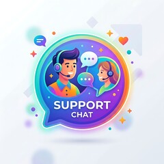 Naklejka premium Vibrant customer support chat icon featuring male and female operators with headsets in a colorful speech bubble