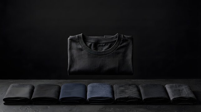 A strikingly minimalist still life composition featuring a black tote bag prominently displayed against a dark textured wall accompanied by a series of neatly