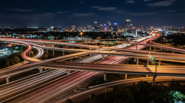 Nighttime Highway Interchange With Light Trails And City Skyline