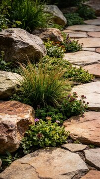 Natural flagstone garden path winding between large boulders with ornamental grasses, low-growing succulents bearing tiny pink-purple flowers and weathered stone steps.