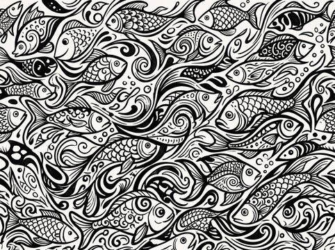 a black and white seamless pattern vector illustration of intricate fish swimming in ocean waves