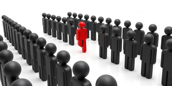 Leadership Breaking Away From the Crowd with Bold Red Figure Moving Forward Among Hundreds of Black Figures Symbolizing Innovation Courage Independent Thinking Business Success and Market Disruption